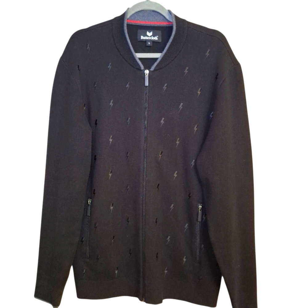 Buttercloth Sweater Mens Large Full‎ Zip Mock Neck Knit Jacket Embroidered Logo